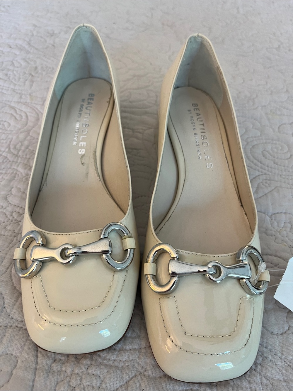 BeautiSoles Cream Patent Leather Heels with Silver Horsebit